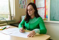A female teacher checks papers at her desk in a classroom setting.