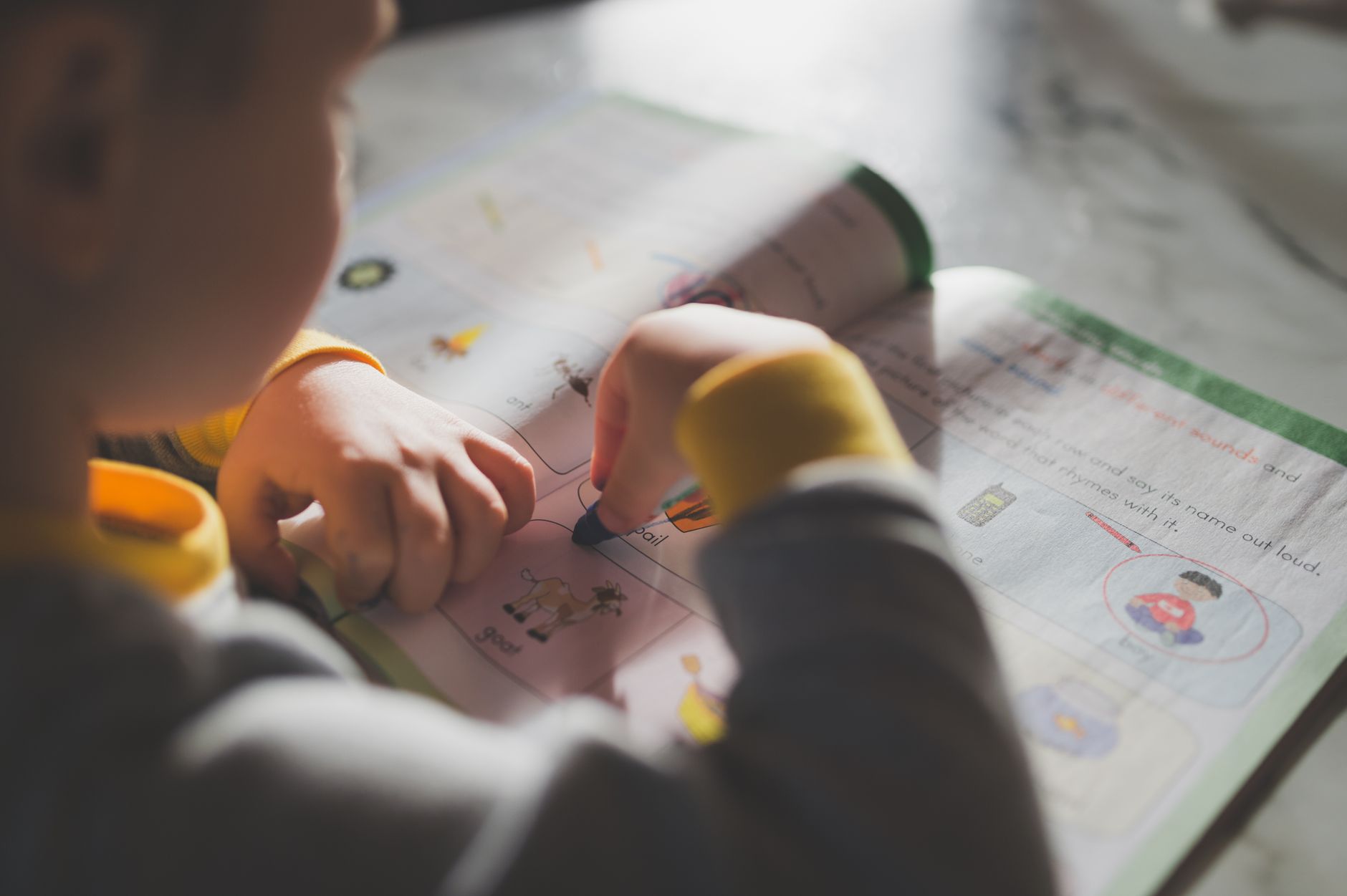 Young child coloring in a workbook, illustrating focus on early childhood education.